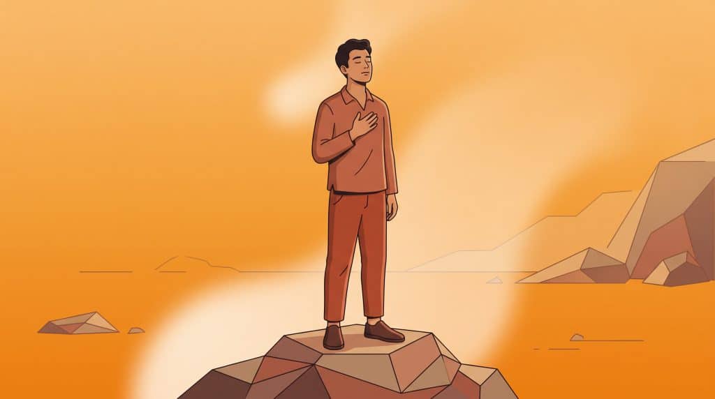 Illustration : homme en pause, une main sur la poitrine, posture apaisée