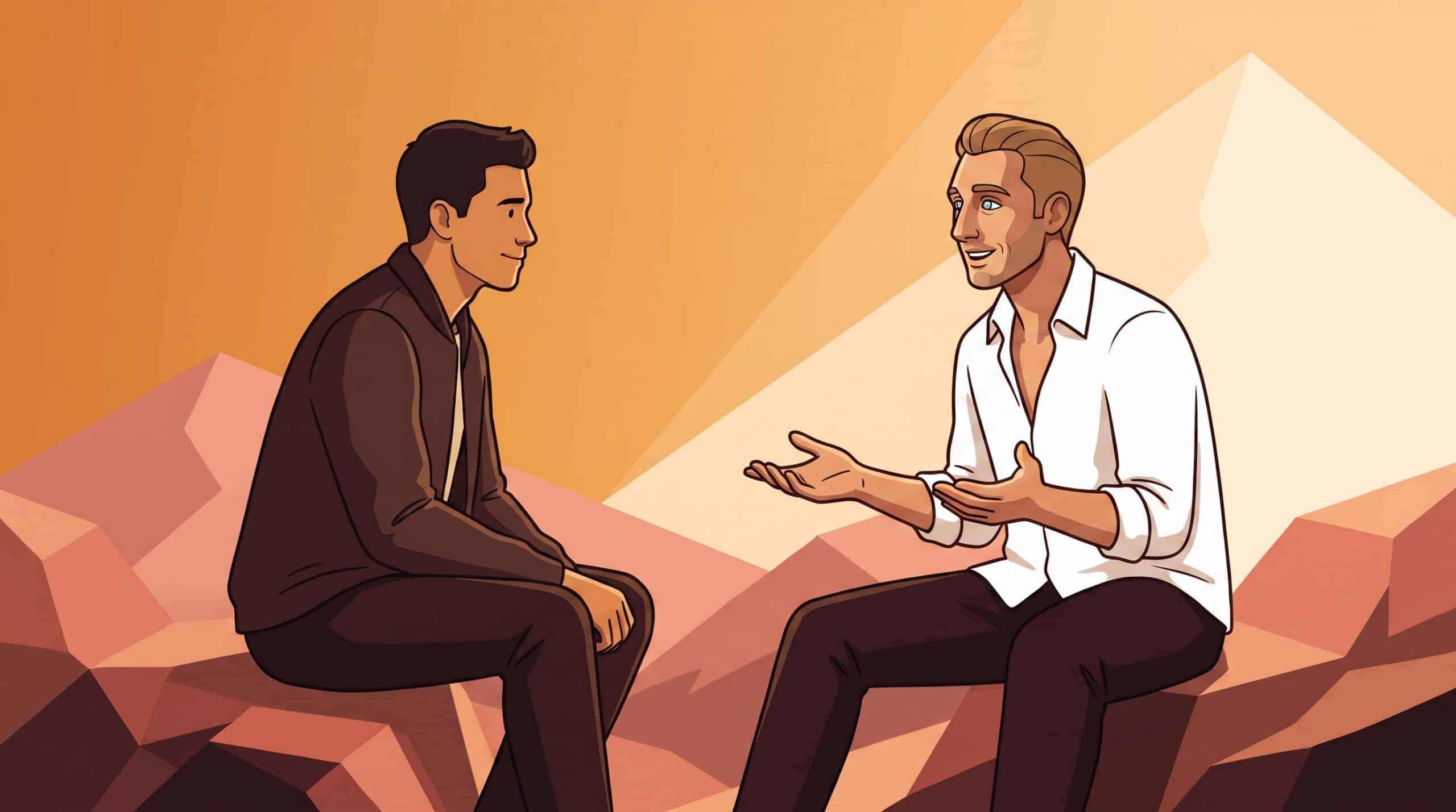 Illustration : un homme hypersensible en conversation avec son coach, assis sur des reliefs facettés, échange de soutien