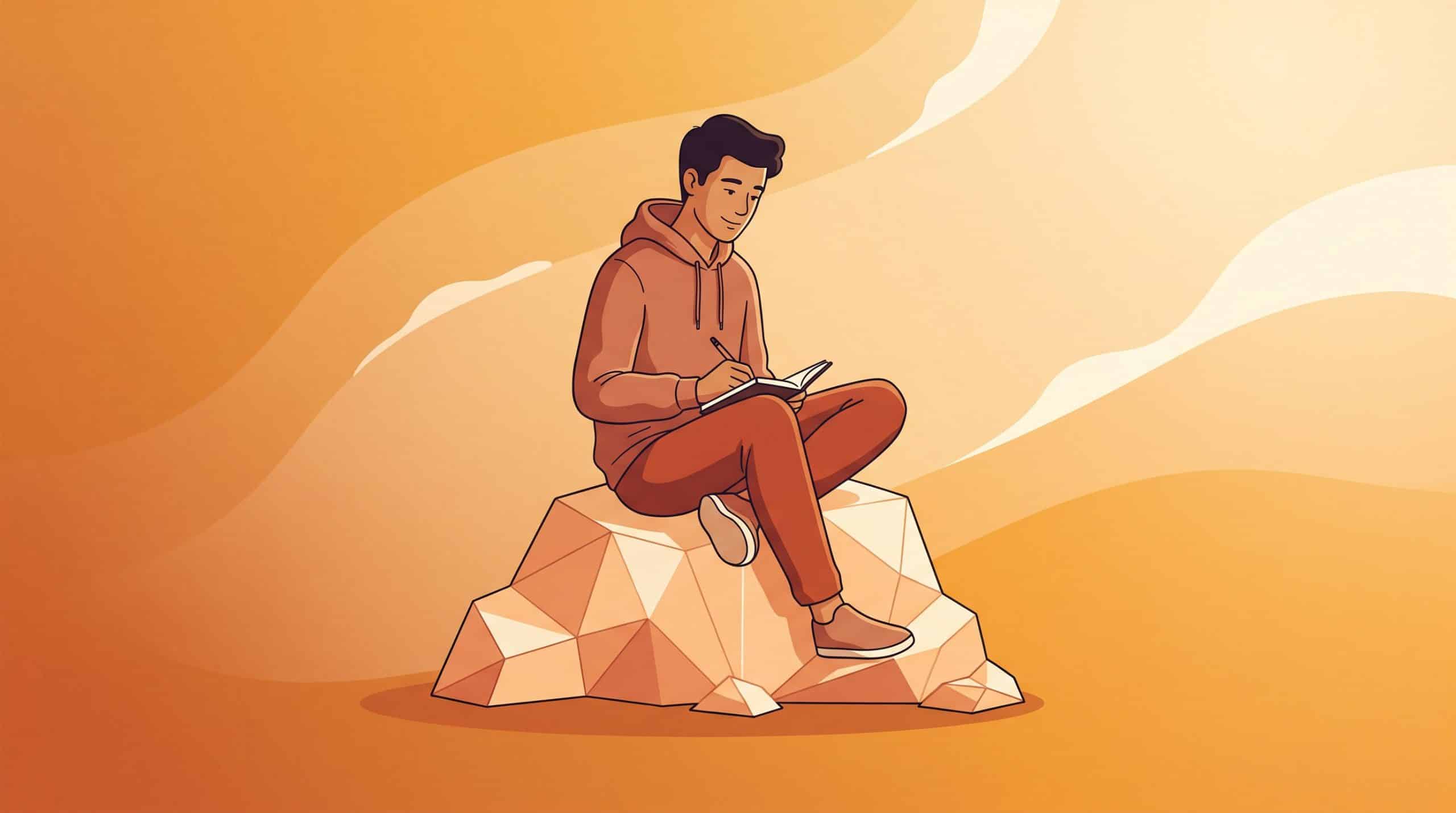 Illustration : homme assis en tailleur sur un relief facette, carnet ouvert sur les genoux, moment de reflexion