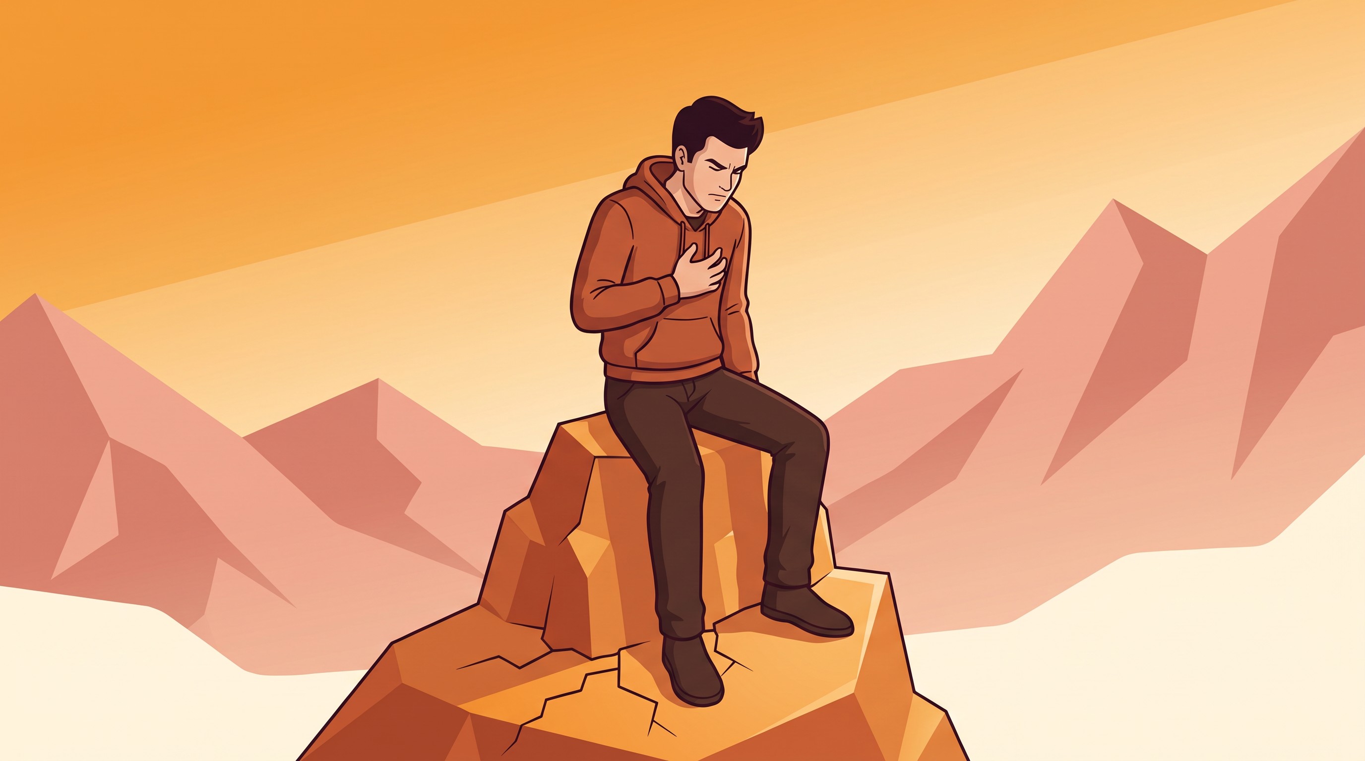 Illustration : homme assis seul sur un relief facette, main sur la poitrine, posture de retenue emotionnelle