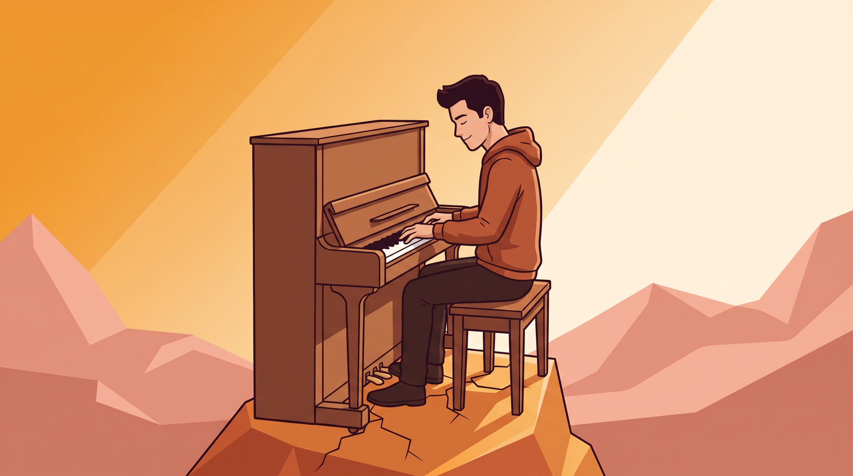 Illustration : homme jouant du piano sur un relief facette, moment d expression musicale apaisee