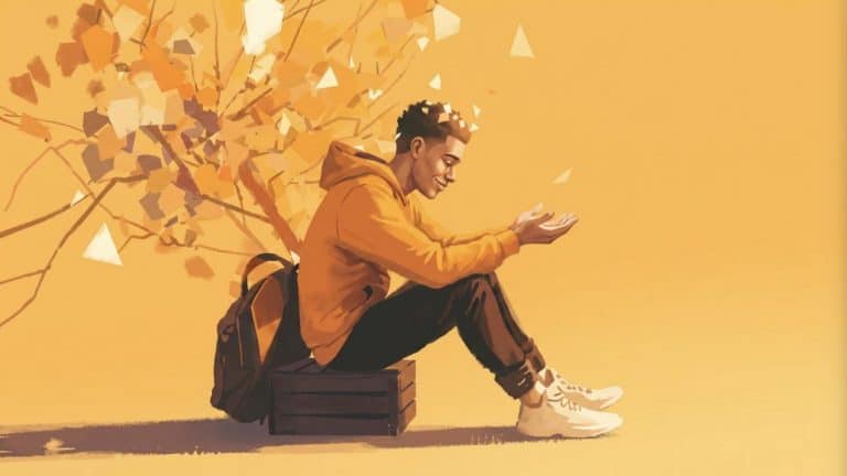 Photo de couverture : jeune homme assis sur une caisse sous un arbre aux feuilles d'automne, mains ouvertes dans un geste de lacher-prise, syndrome du gentil garcon