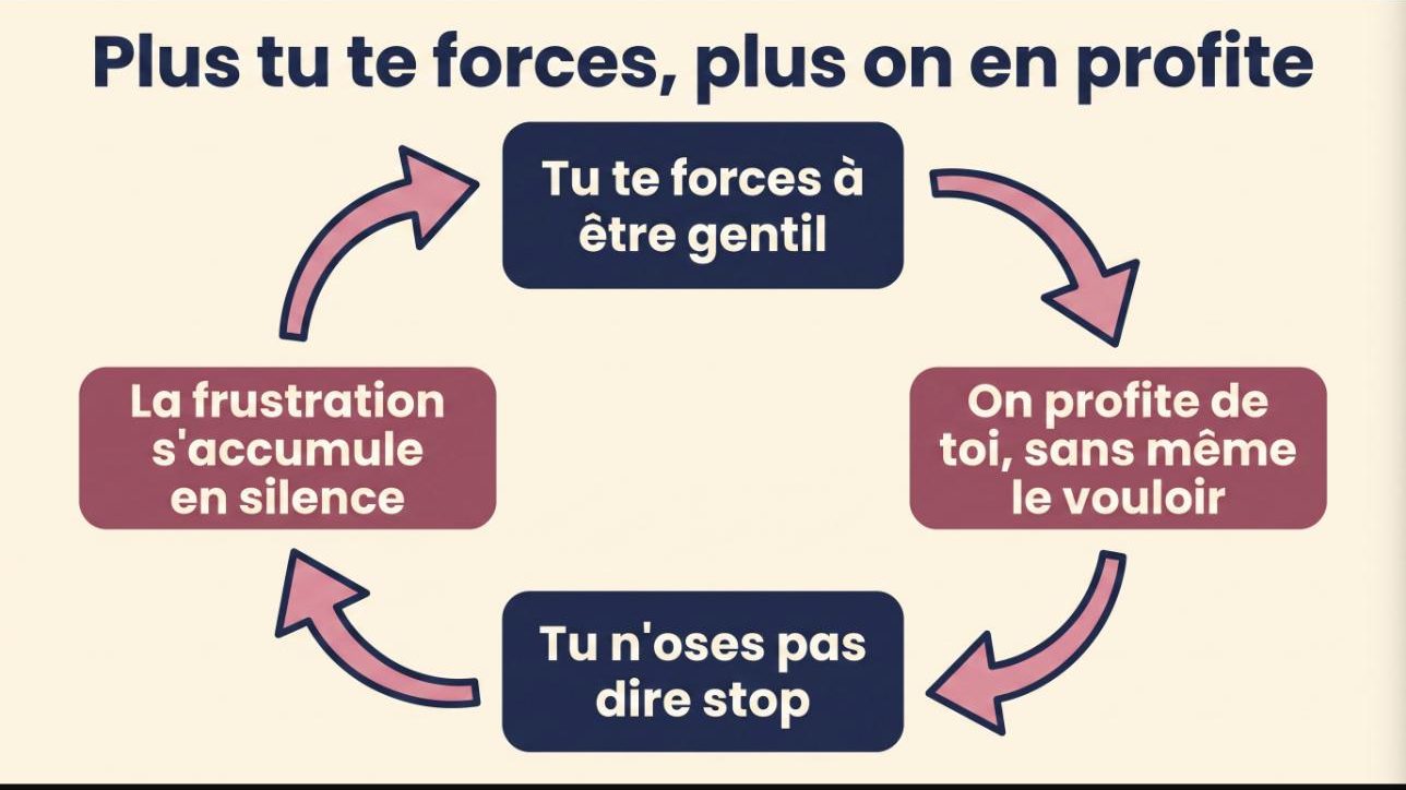 Schema : plus tu te forces plus on en profite, cycle en quatre etapes qui se reboucle