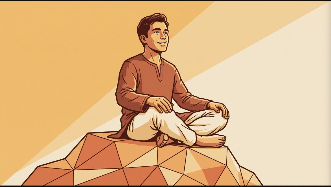 Illustration : homme assis en tailleur sur un relief facette, sourire serein et naturel, moment de liberation